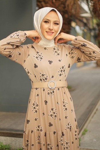 Çiçek Desenli Tesettür Şifon Elbise/Vizon