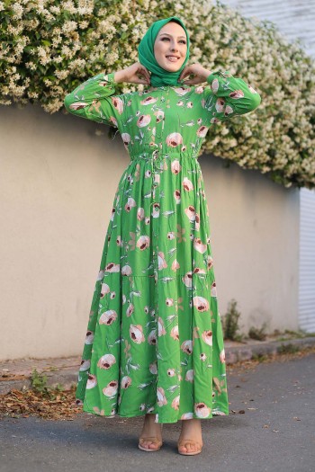 Gül Desenli Doğal Kumaş Elbise/Yeşil