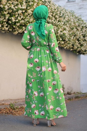 Gül Desenli Doğal Kumaş Elbise/Yeşil
