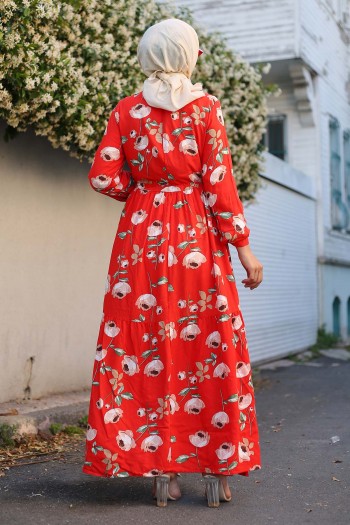 Gül Desenli Doğal Kumaş Elbise/Nar Çiçeği