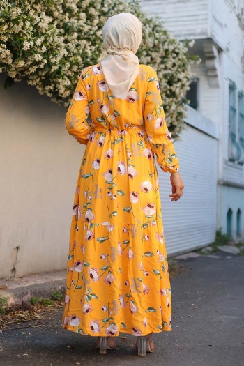 Gül Desenli Doğal Kumaş Elbise/Sarı