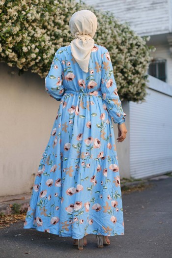 Gül Desenli Doğal Kumaş Elbise/Mavi