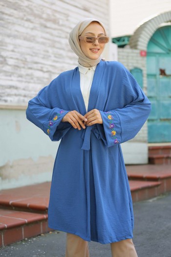 Kolu Nakış Detaylı Tesettür Ayrobin Kimono/İndigo