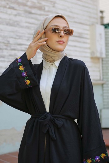 Kolu Nakış Detaylı Tesettür Ayrobin Kimono/Siyah