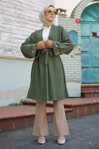 Kolu Nakış Detaylı Tesettür Ayrobin Kimono/Haki