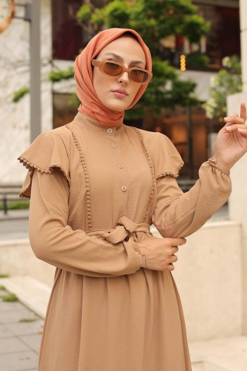 Omuz Pelerin Detaylı Tesettür Ayrobin Elbise/Camel