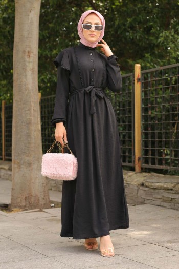 Omuz Pelerin Detaylı Tesettür Ayrobin Elbise/Siyah