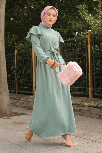 Omuz Pelerin Detaylı Tesettür Ayrobin Elbise/Mint