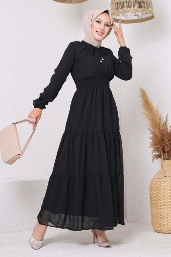 Yaka Bağlama İnci Detaylı Tesettür Elbise/Siyah