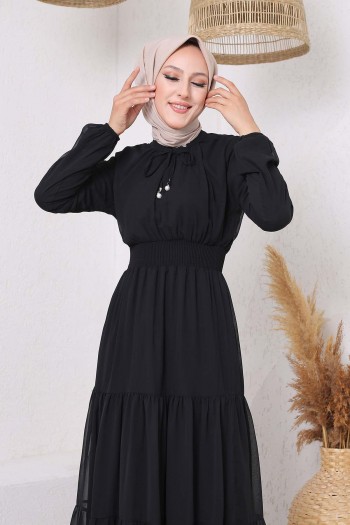 Yaka Bağlama İnci Detaylı Tesettür Elbise/Siyah