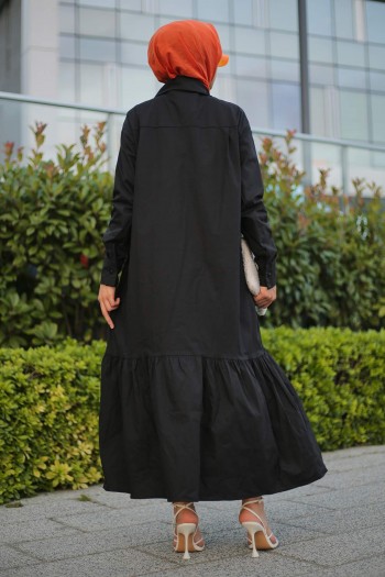 Cep Detaylı Tesettür Elbise/Siyah