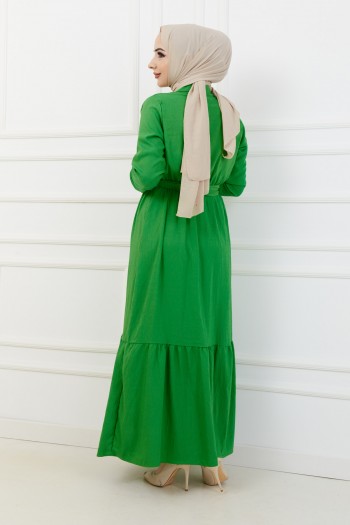 Önden Düğmeli Tesettür Elbise/Yeşil