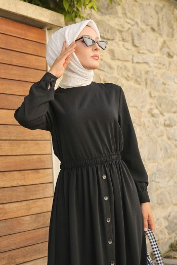 Düğme Detaylı Ayrobin Tesettür Elbise/Siyah