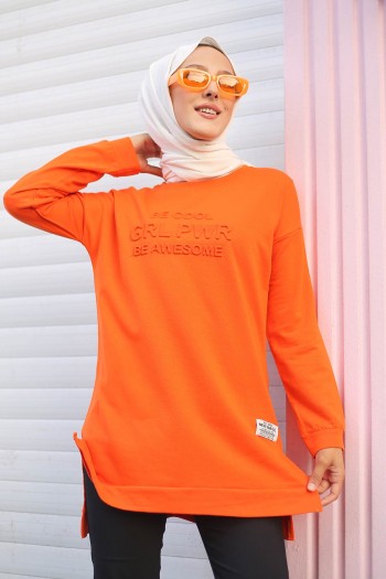 Orange Kadın Bisiklet Yaka Ön Detaylı Sweatshirt