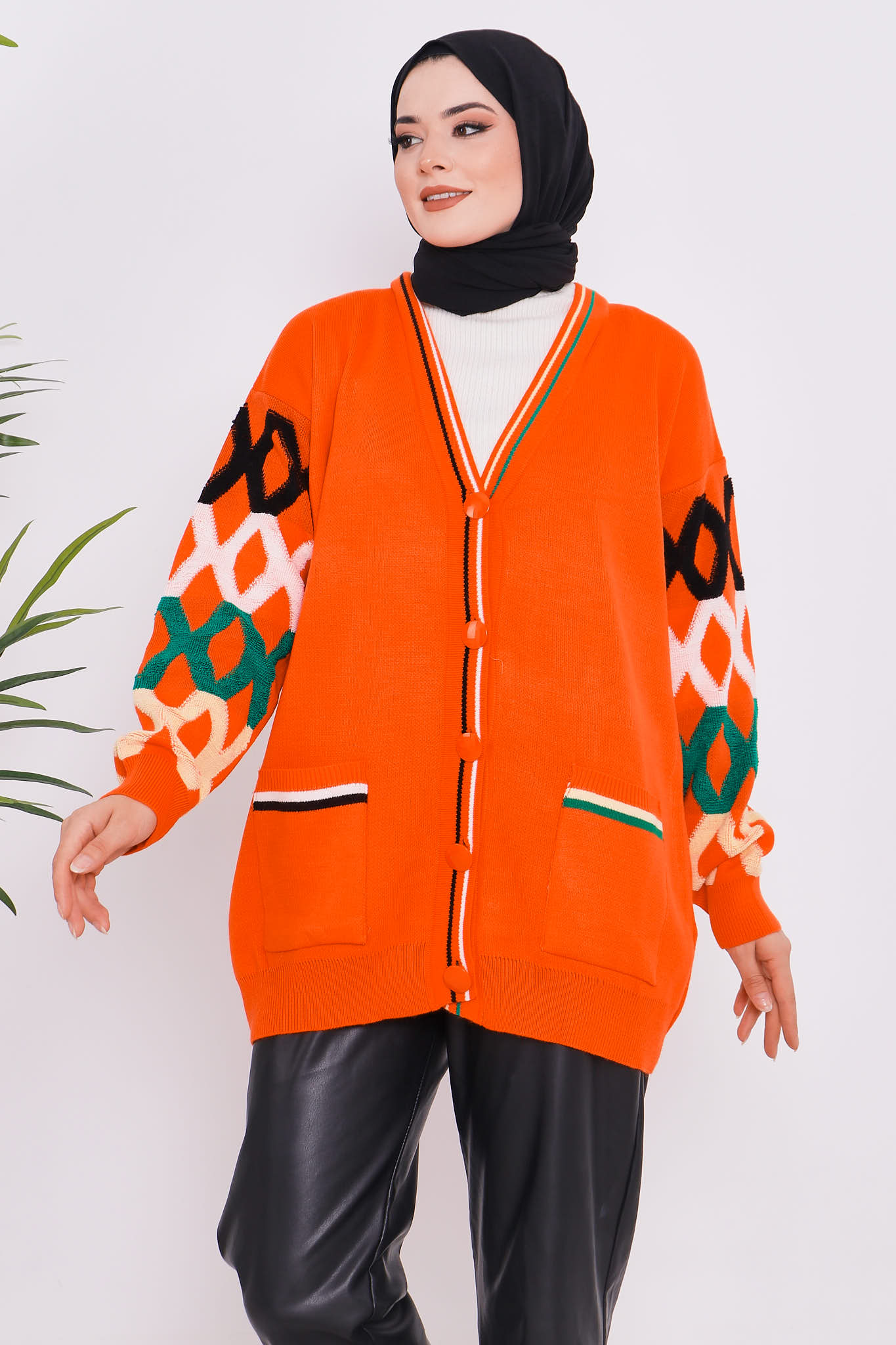 Orange Kadın Modest Düğmeli Kolları Desenli Cepli Tesettür Triko Hırka