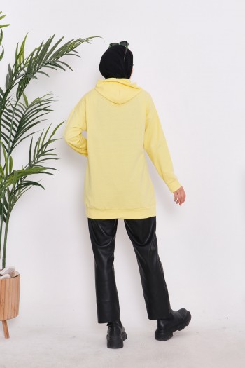 Sarı Kadın Kapüşonlu Baskılı İki İplik Salaş Sweatshirt