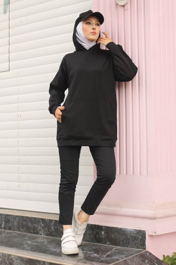 Siyah Kadın Oversize Kapüşonlu Kanguru Cepli Sweatshirt