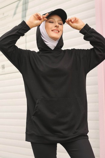 Siyah Kadın Oversize Kapüşonlu Kanguru Cepli Sweatshirt