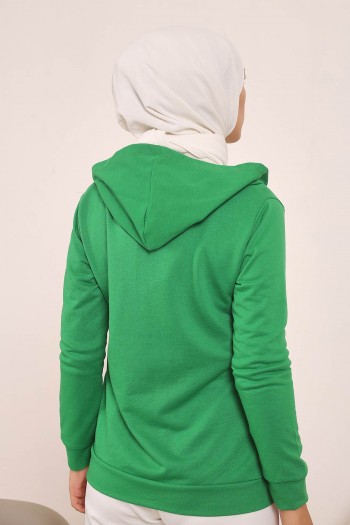Yeşil Kadın Kapüşonlu Likralı Ön Fermuarlı Cepli Sweatshirt