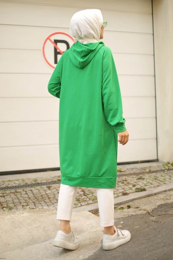 Yeşil Kadın Modest Kapüşonlu Cepli Salaş Tesettür Tunik
