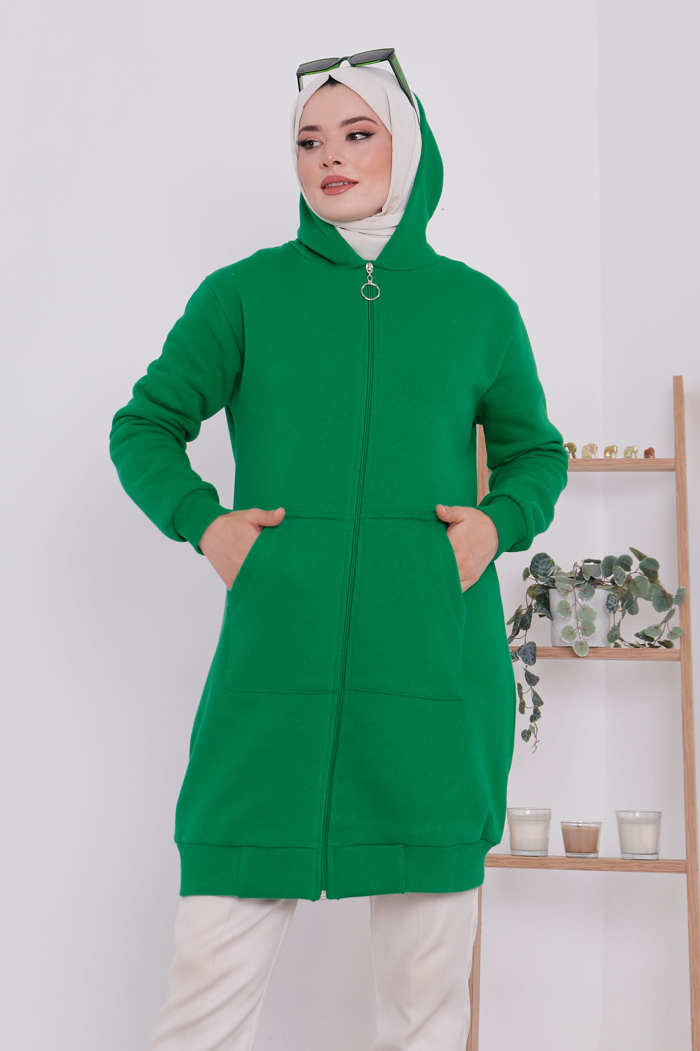 Yeşil Kadın Modest Kapüşonlu Fermuarlı Şardonlu Tesettür Kap