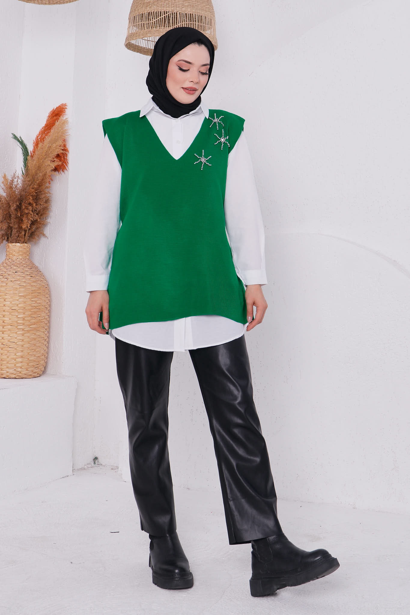 Yeşil Kadın Modest Tunik Taşlı Yan Bağlamalı Triko Süveter Tesettür Takım