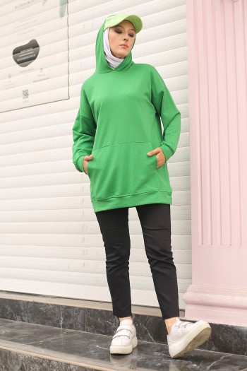 Yeşil Kadın Oversize Kapüşonlu Kanguru Cepli Sweatshirt
