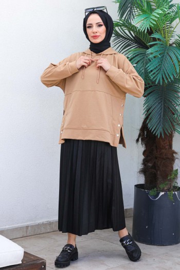 Camel Kadın Oversize Kapüşonlu Yan Çıtçıt Detaylı İki İplik Sweatshirt