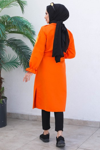 Orange Kadın Modest Kruvaze Yaka Düğmeli Kol Detaylı Tesettür Trençkot