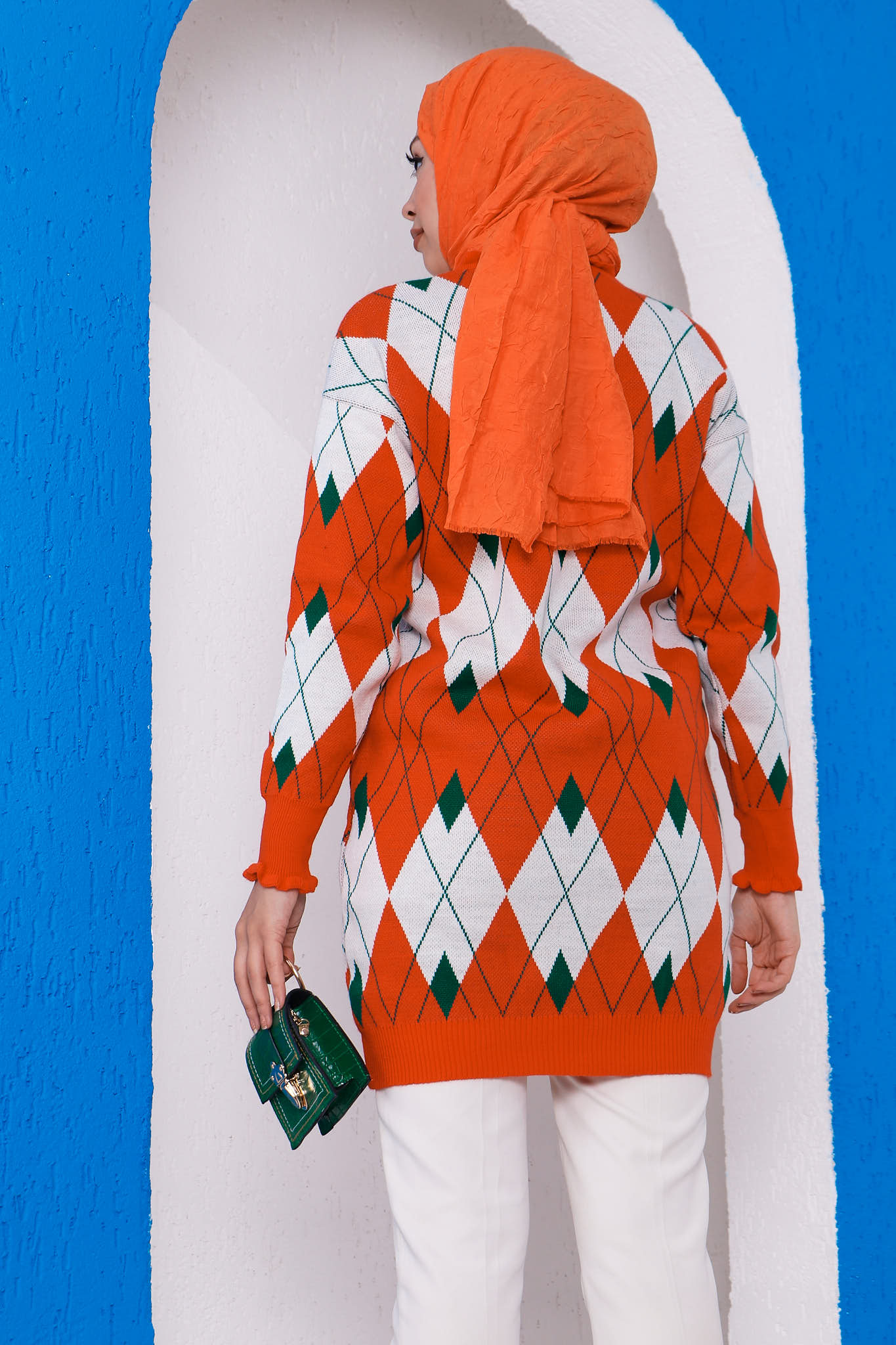 Orange Kadın Modest Yaka Kol Fırfır Detaylı Desenli Tesettür Triko Tunik
