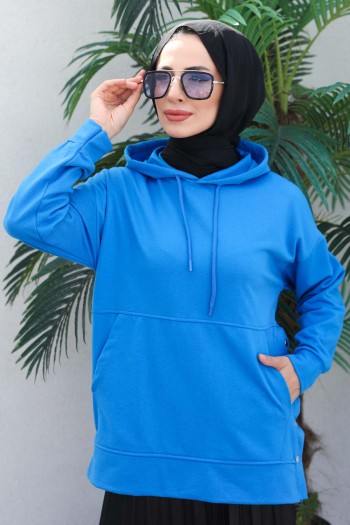Saks Kadın Oversize Kapüşonlu Yan Çıtçıt Detaylı İki İplik Sweatshirt