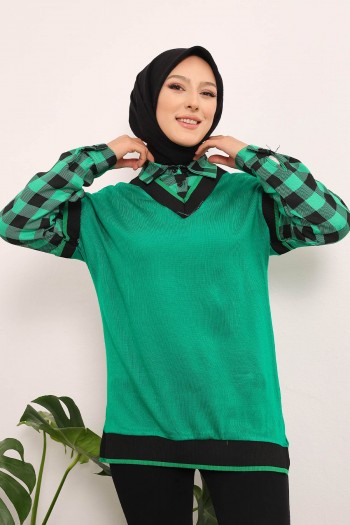 Yeşil Kadın Modest Gömlek Yaka Ekoseli Tesettür Tunik