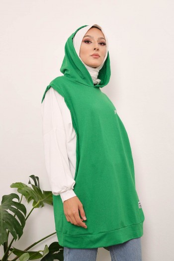 Yeşil Kadın Modest Kapüşonlu Yan Detaylı Salaş Tesettür Tunik