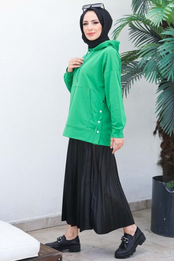 Yeşil Kadın Oversize Kapüşonlu Yan Çıtçıt Detaylı İki İplik Sweatshirt