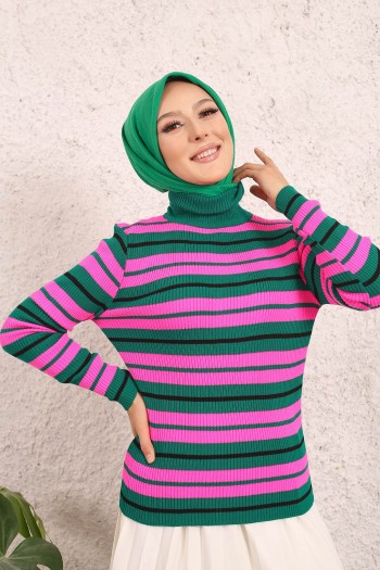 Zümrüt Yeşili Kadın Boğazlı Yaka Renk Bloklu Triko Kazak
