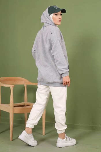 Gri Kapüşonlu Oversize Üç İplik Şardonlu Sweatshirt