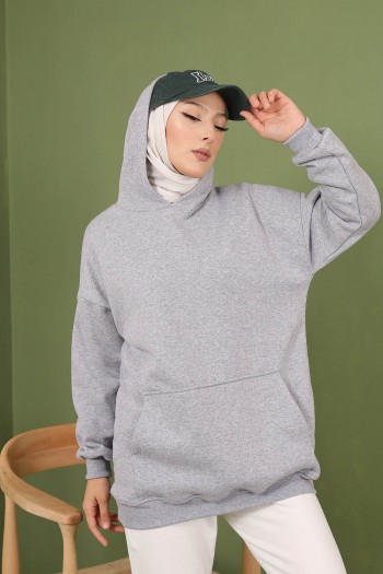 Gri Kapüşonlu Oversize Üç İplik Şardonlu Sweatshirt