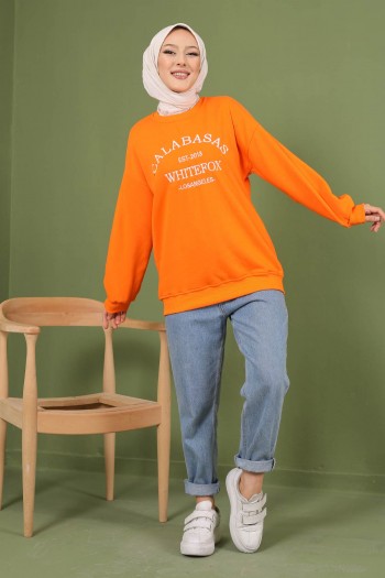 Orange Bisiklet Yaka Baskılı Üç İplik Şardonlu Sweatshirt
