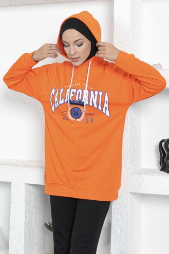 Orange Kapüşonlu Baskılı İki İplik Salaş Sweatshirt