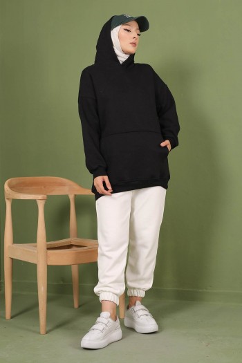 Siyah Kapüşonlu Oversize Üç İplik Şardonlu Sweatshirt