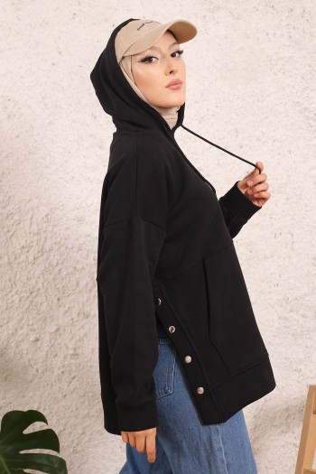 Siyah Oversize Kapüşonlu Yan Çıtçıtlı Üç İplik Şardonlu Sweatshirt