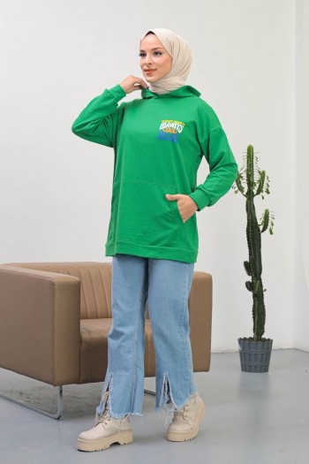 Yeşil Kapüşonlu Baskılı İki İplik Salaş Sweatshirt