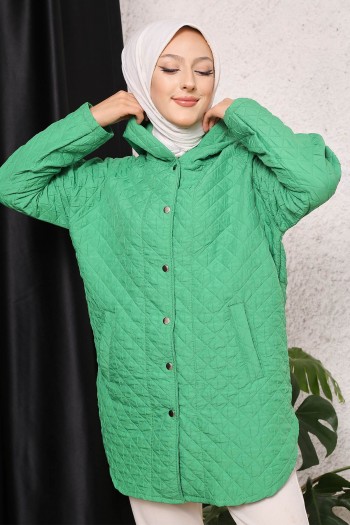 Yeşil Kapüşonlu Çıtçıtlı Cepli Kapitone Ceket