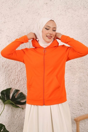 Orange Kadın Kapüşonlu Likralı Ön Fermuarlı Cepli Sweatshirt