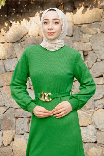 Yeşil Kemeri Zincirli Fitilli Börümcük Elbise