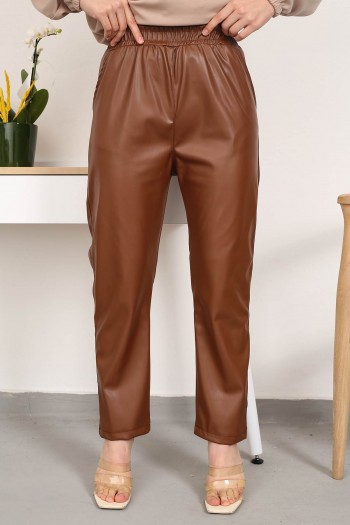 Kahverengi Yüksek Bel Şardonlu Deri Pantolon