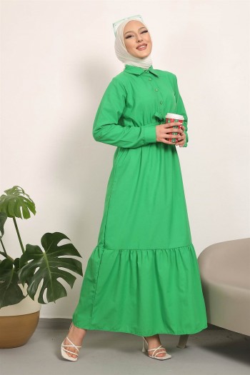 Yeşil Gömlek Yaka Terikoton Tesettür Elbise
