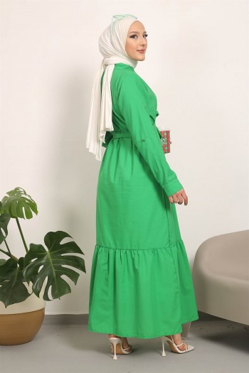 Yeşil Gömlek Yaka Terikoton Tesettür Elbise
