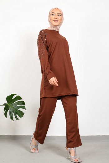 Kahverengi Taş İşlemeli Tunik Pantolon Takım