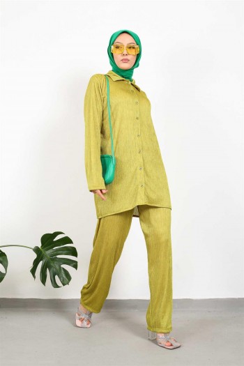 Yağ Yeşili İnce Piliseli Bürümcük Tunik Pantolon Takım